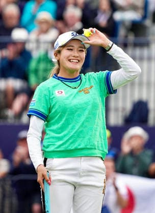 Golf: Women s British Open Shiho Kuwaki of Japan smiles after making a winning putt in a playoff against Esther Henseleit of Germany during the final round of the Women s British Open golf tournament on Aug. 2, 2026, at Royal Lytham &amp; St Annes Golf Club in Lytham St Annes, England.  A14AA0005624883P
