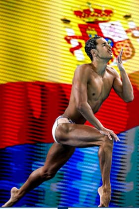 Jordi Caceres Iglesias of Spain competes in the artistic swimming Solo Free Men Final during the European Aquatics Championships at the Olympic Aquatic Center in Paris (France), August 3, 2026. Andrea Staccioli