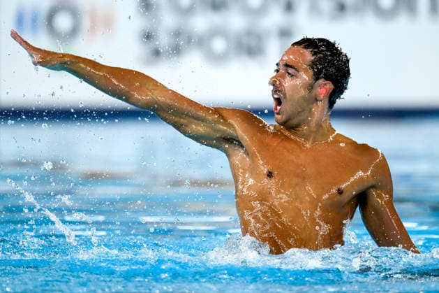 Jordi Caceres Iglesias of Spain competes in the artistic swimming Solo Free Men Final during the European Aquatics Championships at the Olympic Aquatic Center in Paris (France), August 3, 2026. Andrea Staccioli