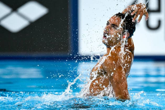 Jordi Caceres Iglesias of Spain competes in the artistic swimming Solo Free Men Final during the European Aquatics Championships at the Olympic Aquatic Center in Paris (France), August 3, 2026. Andrea Staccioli