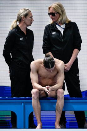 Zakhar Trofimov Neutral Athletes B reacts after competing in the Artistic Swimming Men s Solo Free Final with the coaches with the coaches during the European Aquatics Championships at the Olympic Aquatic Center in Paris (France), August 3, 2026. Andrea Staccioli