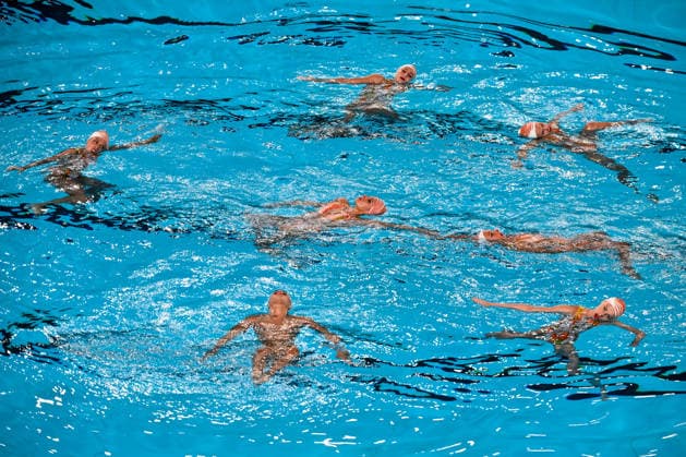 Athletes of team France compete in the artistic swimming Team Free Final during the European Aquatics Championships at the Olympic Aquatic Center in Paris (France), August 3, 2026. Andrea Masini Deepbluemedia Insidefoto