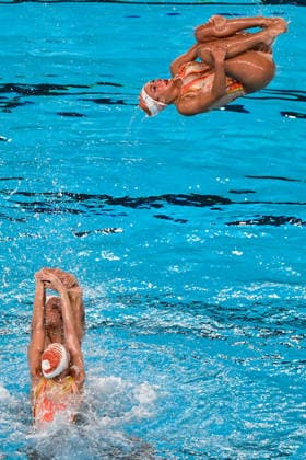 Athletes of team France compete in the artistic swimming Team Free Final during the European Aquatics Championships at the Olympic Aquatic Center in Paris (France), August 3, 2026. Andrea Masini Deepbluemedia Insidefoto