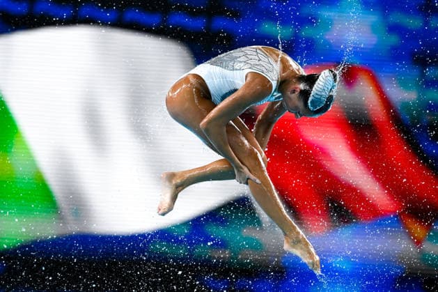 Athletes of team Italy compete in the artistic swimming Team Free Final during the European Aquatics Championships at the Olympic Aquatic Center in Paris (France), August 3, 2026. Andrea Staccioli