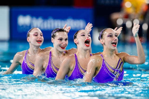 Athletes of team Ukraine compete in the Artistic Swimming Team Free Final during the European Aquatics Championships at the Olympic Aquatic Center in Paris (France), August 3, 2026. Andrea Staccioli