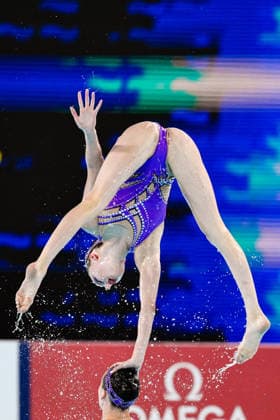 Athletes of team Ukraine compete in the Artistic Swimming Team Free Final during the European Aquatics Championships at the Olympic Aquatic Center in Paris (France), August 3, 2026. Andrea Staccioli