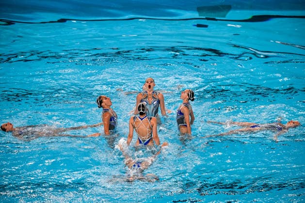 Neutral Athletes B compete in the artistic swimming Team Free Final during the European Aquatics Championships at the Olympic Aquatic Center in Paris (France), August 3, 2026. Andrea Masini Deepbluemedia Insidefoto