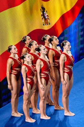 Athletes of team Spain compete in the Artistic Swimming Team Free Final with the coaches during the European Aquatics Championships at the Olympic Aquatic Center in Paris (France), August 3, 2026. Andrea Masini Deepbluemedia Insidefoto