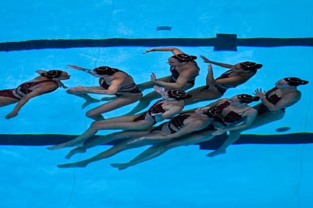 Athletes of team Spain compete in the Artistic Swimming Team Free Final with the coaches during the European Aquatics Championships at the Olympic Aquatic Center in Paris (France), August 3, 2026. Andrea Masini Deepbluemedia Insidefoto