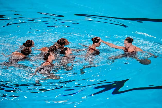 Athletes of team Spain compete in the Artistic Swimming Team Free Final with the coaches during the European Aquatics Championships at the Olympic Aquatic Center in Paris (France), August 3, 2026. Andrea Masini Deepbluemedia Insidefoto