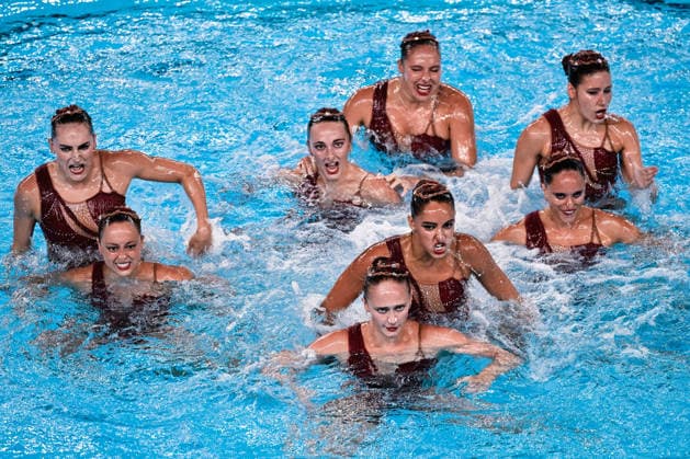 Athletes of team Spain compete in the Artistic Swimming Team Free Final with the coaches during the European Aquatics Championships at the Olympic Aquatic Center in Paris (France), August 3, 2026. Andrea Masini Deepbluemedia Insidefoto