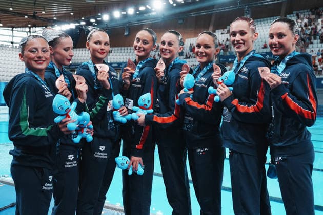 Artistic Swimming, Team Free Final, team Italy, winner of the bronze medal at the European Aquatics Championships Paris 2026, Paris, August 03, 2026 .  Copyright: xGianxMattiaxD Alberto LaPressex