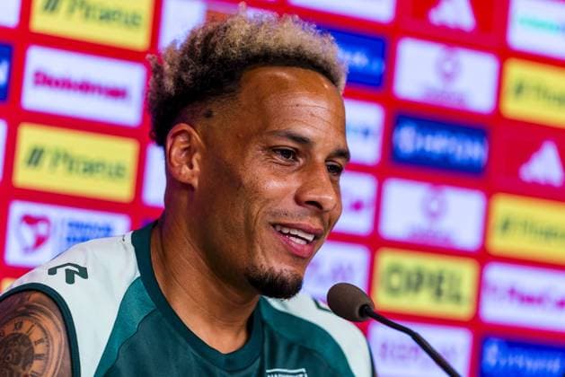 Athens , 03-08-2026 , Stadio Georgios Karaiskakis , third qualifying round of the Champions League , season 2026 2027 , press conference, PK, Pressekonferenz NEC in Athens , picture shows , NEC player Tjaronn Chery Press conference NEC Athens  x205434755x Copyright: