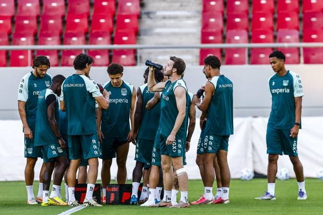 Athens , 03-08-2026 , Stadio Georgios Karaiskakis , third qualifying round of the Champions League , season 2026 2027 , training NEC in Athens , picture shows players drinking Training NEC Athens  x205435281x Copyright: