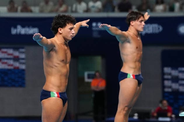 Artistic Swimming, Men s Synchronised 3m Springboard, Stefano BELOTTI Matteo SANTORO from Italy, bronze medal at the European Aquatics Championships Paris 2026, Paris, August 03, 2026 .  Copyright: xGianxMattiaxD Alberto LaPressex