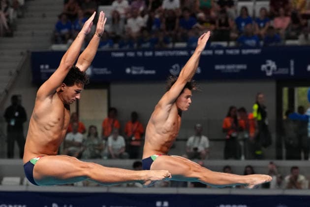 Artistic Swimming, Men s Synchronised 3m Springboard, Stefano BELOTTI Matteo SANTORO from Italy, bronze medal at the European Aquatics Championships Paris 2026, Paris, August 03, 2026 .  Copyright: xGianxMattiaxD Alberto LaPressex