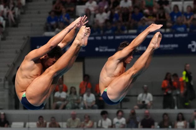 Artistic Swimming, Men s Synchronised 3m Springboard, Stefano BELOTTI Matteo SANTORO from Italy, bronze medal at the European Aquatics Championships Paris 2026, Paris, August 03, 2026 .  Copyright: xGianxMattiaxD Alberto LaPressex