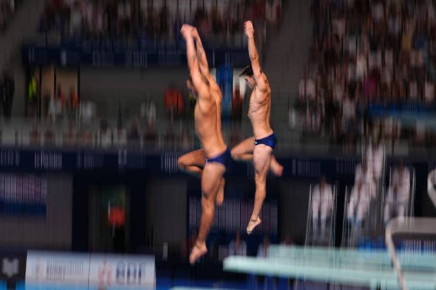 Artistic Swimming, Men s Synchronised 3m Springboard, Elias PETERSEN Peder SAUR HUBRED from Sweden, bronze medal at the European Aquatics Championships Paris 2026, Paris, August 03, 2026 .  Copyright: xGianxMattiaxD Alberto LaPressex