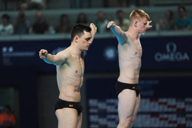 Artistic Swimming, Men s Synchronised 3m Springboard, Lou Noel Guy MASSENBERG Jonathan Gisbert SCHAUER from Germany, gold medal at the European Aquatics Championships Paris 2026, Paris, August 03, 2026 .  Copyright: xGianxMattiaxD Alberto LaPressex