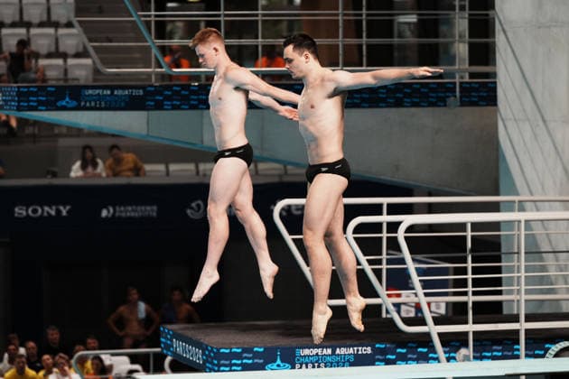 Artistic Swimming, Men s Synchronised 3m Springboard, Lou Noel Guy MASSENBERG Jonathan Gisbert SCHAUER from Germany, gold medal at the European Aquatics Championships Paris 2026, Paris, August 03, 2026 .  Copyright: xGianxMattiaxD Alberto LaPressex