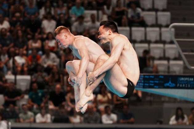 Artistic Swimming, Men s Synchronised 3m Springboard, Lou Noel Guy MASSENBERG Jonathan Gisbert SCHAUER from Germany, gold medal at the European Aquatics Championships Paris 2026, Paris, August 03, 2026 .  Copyright: xGianxMattiaxD Alberto LaPressex