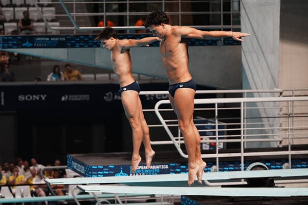 Artistic Swimming, Men s Synchronised 3m Springboard, Stefano BELOTTI Matteo SANTORO from Italy, bronze medal at the European Aquatics Championships Paris 2026, Paris, August 03, 2026 .  Copyright: xGianxMattiaxD Alberto LaPressex