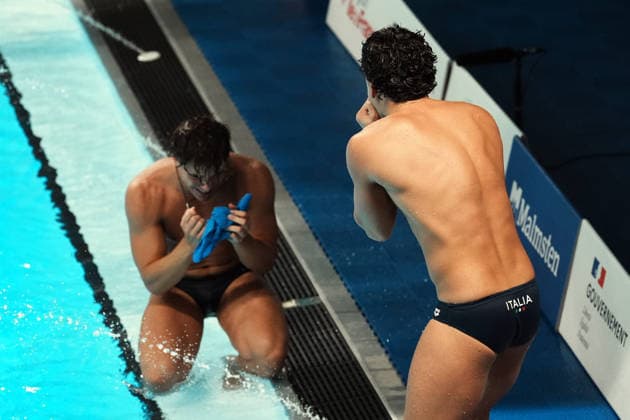 Artistic Swimming, Men s Synchronised 3m Springboard, Stefano BELOTTI Matteo SANTORO from Italy, bronze medal at the European Aquatics Championships Paris 2026, Paris, August 03, 2026 .  Copyright: xGianxMattiaxD Alberto LaPressex