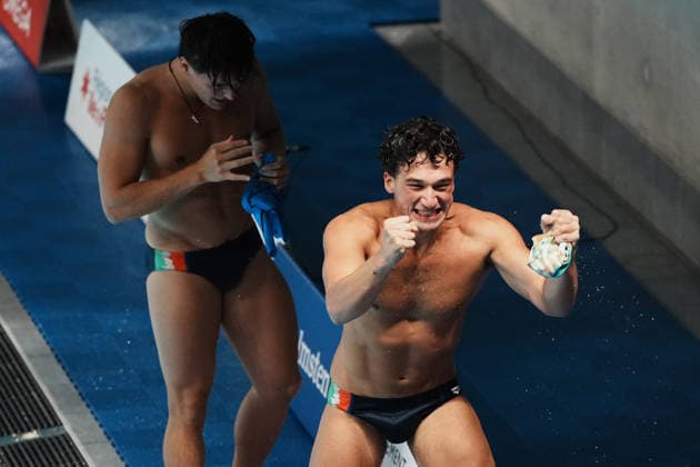 Artistic Swimming, Men s Synchronised 3m Springboard, Stefano BELOTTI Matteo SANTORO from Italy, bronze medal at the European Aquatics Championships Paris 2026, Paris, August 03, 2026 .  Copyright: xGianxMattiaxD Alberto LaPressex