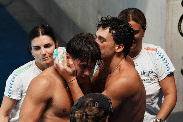 Artistic Swimming, Men s Synchronised 3m Springboard, Stefano BELOTTI Matteo SANTORO from Italy, bronze medal at the European Aquatics Championships Paris 2026, Paris, August 03, 2026 .  Copyright: xGianxMattiaxD Alberto LaPressex