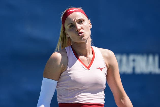 WTA, Tennis Damen Masters 1000 National Bank Open Toronto 2026 - Round of 128 - Day 3 Rebecca Sramkova of Slovakia reacts during the Women™s Singles round of 128 match against Anna Blinkova of Russia on day 3 of the WTA Masters 1000 National Bank Open at Sobeys Stadium on August 3, 2026, in Toronto, Canada. (Photo by Leonardo Ramirez Eyepix Group) Copyright: xLeonardoxRamirezx xEyepixxGroupx LR03082026-07376