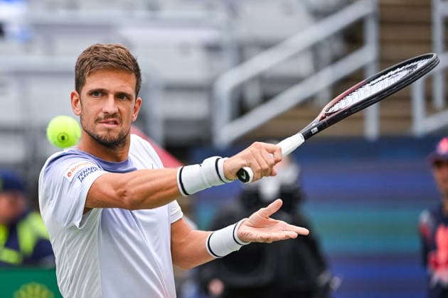 MONTREAL, QC - AUGUST 03: Vit Kopriva (CZE) returns the ball during a first round match at National Bank Open on August 03, 2026 at IGA Stadium in Montreal, QC (Photo by David Kirouac Icon Sportswire) TENNIS: AUG 03 National Bank Open EDITORIAL USE ONLY Icon26080300726