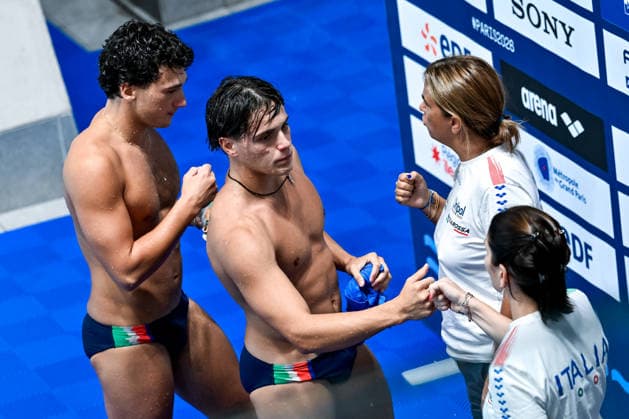 Stefano Belotti, Matteo Santoro of Italy compete in the diving 3m Springboard Synchro Men Final during the European Aquatics Championships at the Olympic Aquatic Center in Paris (France), August 3, 2026. Andrea Masini Deepbluemedia Insidefoto