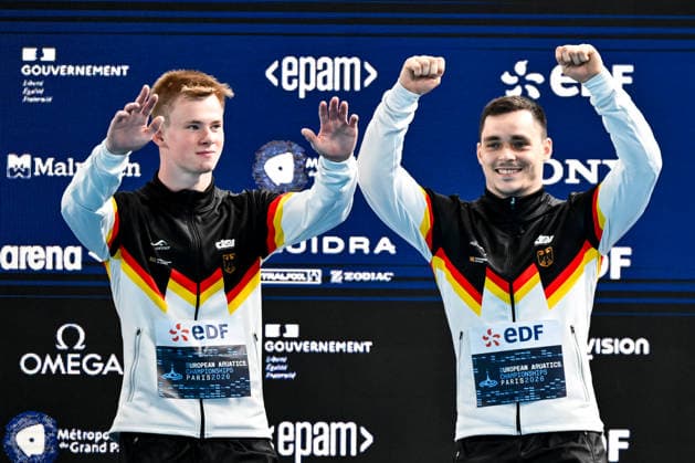Lou Noel Guy Massenberg, Jonathan Gisbert Schauer of Germany celebrate after winning the gold medal in the diving 3m Springboard Synchro Men Final during the European Aquatics Championships at the Olympic Aquatic Center in Paris (France), August 3, 2026. Andrea Masini Deepbluemedia Insidefoto