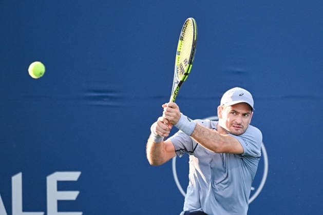 MONTREAL, QC - AUGUST 03: Nicolas Mejia (COL) returns the ball during a first round match at National Bank Open on August 03, 2026 at IGA Stadium in Montreal, QC (Photo by David Kirouac Icon Sportswire) TENNIS: AUG 03 National Bank Open EDITORIAL USE ONLY Icon26080303726