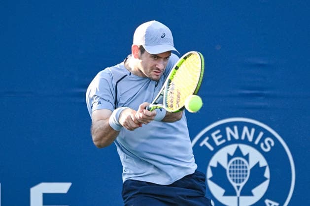 MONTREAL, QC - AUGUST 03: Nicolas Mejia (COL) returns the ball during a first round match at National Bank Open on August 03, 2026 at IGA Stadium in Montreal, QC (Photo by David Kirouac Icon Sportswire) TENNIS: AUG 03 National Bank Open EDITORIAL USE ONLY Icon26080303926