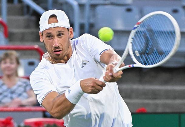 August 3, 2026, Montreal, Pq, Canada: Kyrian Jacquet of France plays a shot to Gabriel Diallo of Canada during their first round match at the National Bank Open tennis tournament in Montreal, on Monday, Aug. 3, 2026. Canada News - August 3, 2026  - ZUMAc35_ 20260803_zaf_c35_076 Copyright: xGrahamxHughesx