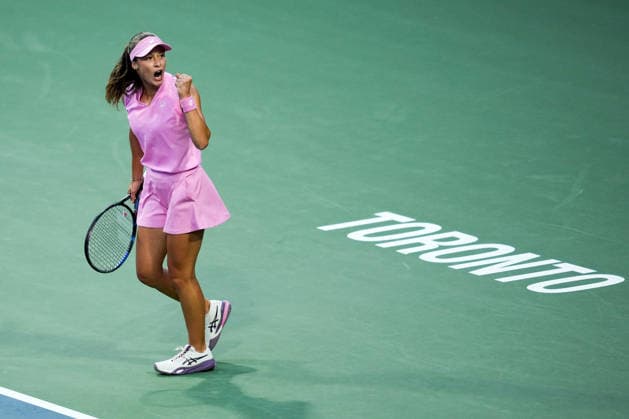 National Bank Open 2026 - Day 3 TORONTO, CANADA - AUGUST 3 : Zeynep Sonmez of Turkiye celebrates after scoring a point against Rebecca Marino of Canada in the round of 128 during the WTA, Tennis Damen 1000 National Bank Open in Toronto, Ontario, Canada on August 3, 2026. Mert Alper Dervis Anadolu Ontario Canada. Editorial use only. Please get in touch for any other usage.  Copyright: x2026xAnadoluxMertxAlperxDervisx