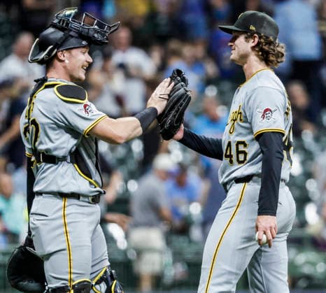 Pittsburgh Pirates closing pitcher Mason Montgomery (R) celebrates with Pittsburgh Pirates catcher Henry Davis after the final out in the ninth inning of the MLB, Baseball Herren, USA game between the Pittsburgh Pirates and the Milwaukee Brewers at American Family Field in Milwaukee, Wisconsin on Monday, August 3, 2026. The Pirates defeated the Brewers 4-3.  MIL20260803836 TANNENxMAURY