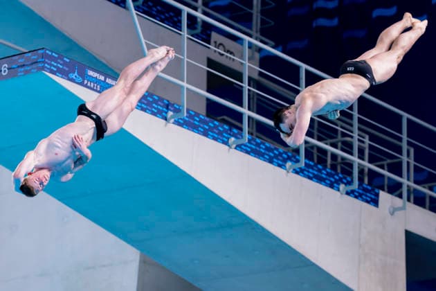France, Paris, Centre Aquatique Olympique Metropole du Grand Paris, 03.08.2026, European Aquatics Championships Artistic Swimming, Day 4, Men™s 3m Springboard Synchro Final, Lou Noel Guy Massenberg and Jonathan Giesbert Schauer of Germany, Photo by Eibner Pressefoto Tino Henschel European Aquatics Championships Artistic Swimming, Day 4, Men™s 3m Springboard Synchro Final Paris *** France, Paris, Centre Aquatique Olympique Metropole du Grand Paris, August 3, 2026, European Aquatics Championships – Artistic Swimming, Day 4, Men’s 3m Springboard Synchronized Final, Lou Noel Guy Massenberg and Jonathan Giesbert Schauer of Germany, Photo by Eibner Pressefoto Tino Henschel European Aquatics Championships Artistic Swimming, Day 4, Men’s 3m Springboard Synchronized Final, Paris Copyright: xEibnerxPressefotox