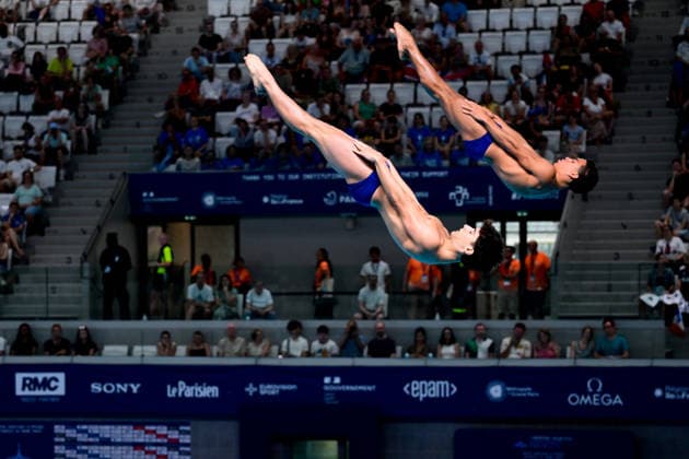 European Aquatics Championship 2026 - Men s Synchronized 3m Springboard Final Juan Pablo Cortes Zapata and Max Linan Canela from Spain during the Men s synchronized 3m Springboard final at the European Aquatics Championship on August 3rd, 2026 in Saint Denis, Paris, France. Photo by Tomas Stevens ABACAPRESS.COM Saint Denis Ile-de-France France  Copyright: xStevensxTomas ABACAx