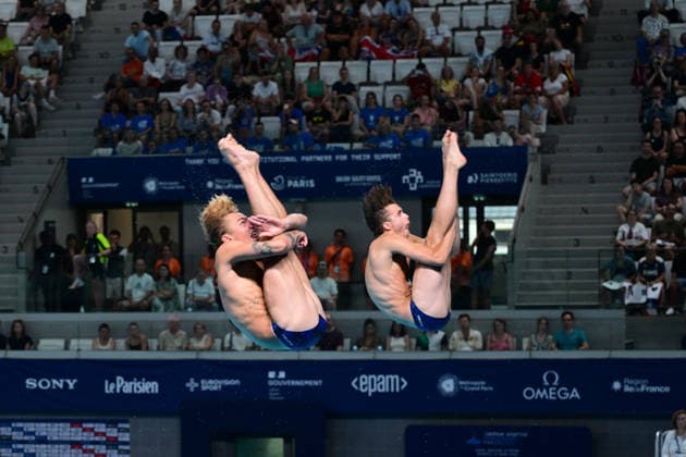 European Aquatics Championship 2026 - Men s Synchronized 3m Springboard Final Elias Petersen and Peder Saur Hubred from Sweden during the Men s synchronized 3m Springboard final at the European Aquatics Championship on August 3rd, 2026 in Saint Denis, Paris, France. Photo by Tomas Stevens ABACAPRESS.COM Saint Denis Ile-de-France France  Copyright: xStevensxTomas ABACAx