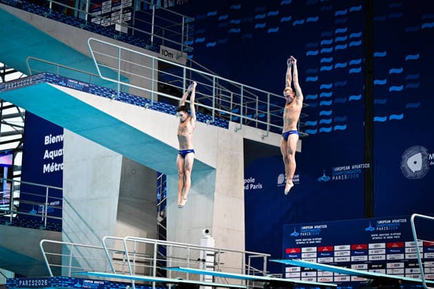 European Aquatics Championship 2026 - Men s Synchronized 3m Springboard Final Elias Petersen and Peder Saur Hubred from Sweden during the Men s synchronized 3m Springboard final at the European Aquatics Championship on August 3rd, 2026 in Saint Denis, Paris, France. Photo by Tomas Stevens ABACAPRESS.COM Saint Denis Ile-de-France France  Copyright: xStevensxTomas ABACAx
