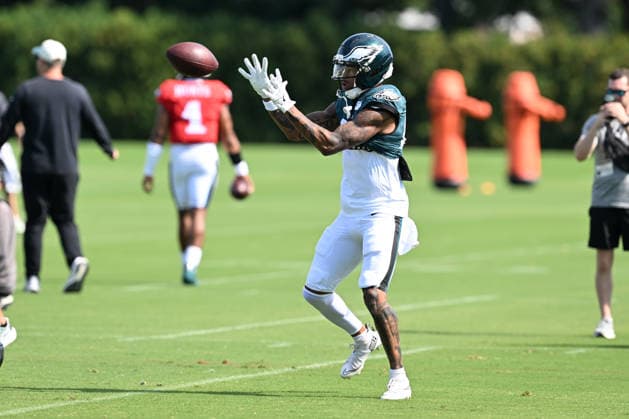 PHILADELPHIA, PA - AUGUST 04: Philadelphia Eagles wide receiver Erik Ezukanma 49 runs a drill during the Philadelphia Eagles training camp on August 4th, 2026 at Jefferson Health Training Center in Philadelphia, PA. (Photo by Terence Lewis Icon Sportswire) NFL, American Football Herren, USA AUG 04 Eagles Training Camp EDITORIAL USE ONLY Icon260804039