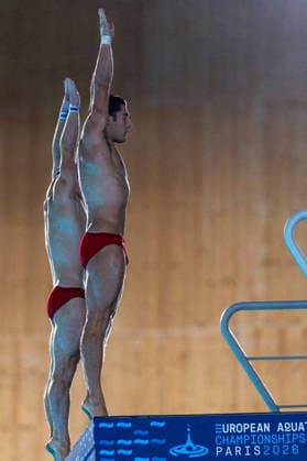 SWIMMING - EAC 2026 PARIS,FRANCE,04.AUG.26 - SWIMMING - European Aquatics Championships Paris 2026, diving, 10m synchronised platform, men. Image shows Anton Knoll and Dariush Lotfi (AUT).  GEPAxpictures xPhilippxBrem