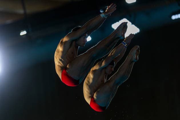 SWIMMING - EAC 2026 PARIS,FRANCE,04.AUG.26 - SWIMMING - European Aquatics Championships Paris 2026, diving, 10m synchronised platform, men. Image shows Dariush Lotfi and Anton Knoll (AUT).  GEPAxpictures xPhilippxBrem