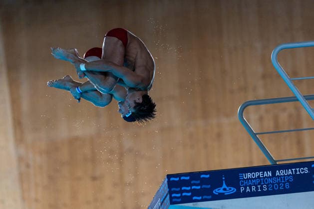 SWIMMING - EAC 2026 PARIS,FRANCE,04.AUG.26 - SWIMMING - European Aquatics Championships Paris 2026, diving, 10m synchronised platform, men. Image shows Dariush Lotfi and Anton Knoll (AUT).  GEPAxpictures xPhilippxBrem