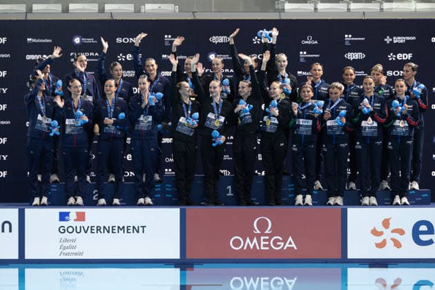 Team technical artistic swimming final European Aquatics Championships - Saint-Denis Silver medallist Spain s team, gold medallist Neutral Athletes Team and bronze medallist Italy s team pose on the podium for the team technical artistic swimming event during the LEN European Aquatics Championships, at the Olympic Aquatics Centre in Saint-Denis, northeastern suburbs of Paris, on August 4, 2026. Photo by Raphael Lafargue ABACAPRESS.COM Saint-Denis France  Copyright: xLafarguexRaphael ABACAx