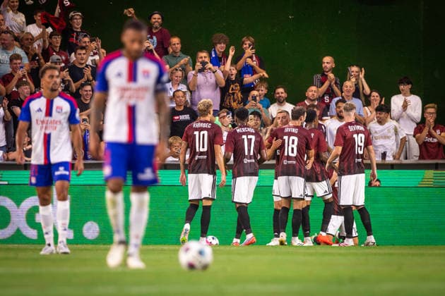SPARTA PRAGUE - OLYMPIQUE LYONNAIS Jonatan Braut Brunes of Sparta celebrates a disallowed goal with his teammates during the first leg of third qualifying round of UEFA Champions league football match between AC Sparta Praha and Olympique Lyonnais at the Epet arena Stadium Letna. Prague, Czechia, August 04, 2026. Photo by Branislav Racko Copyright: xx 080A4955