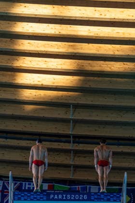 SWIMMING - EAC 2026 PARIS,FRANCE,04.AUG.26 - SWIMMING - European Aquatics Championships Paris 2026, diving, 10m synchronised platform, men. Image shows Anton Knoll and Dariush Lotfi (AUT).  GEPAxpictures xPhilippxBrem