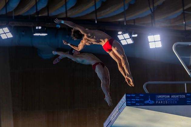 SWIMMING - EAC 2026 PARIS,FRANCE,04.AUG.26 - SWIMMING - European Aquatics Championships Paris 2026, diving, 10m synchronised platform, men. Image shows Anton Knoll and Dariush Lotfi (AUT).  GEPAxpictures xPhilippxBrem